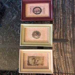 Set three antique postcards in frames ~ 5 x 7” holiday Christmas theme red green